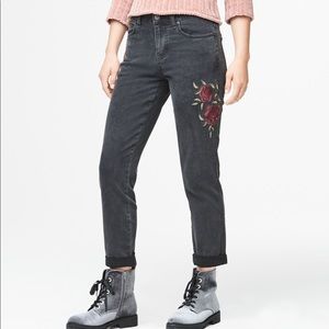 Embroidered flower washed black girlfriend jeans